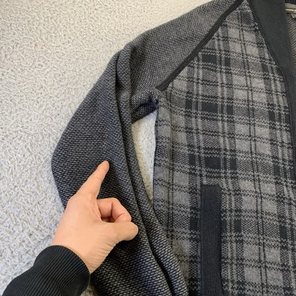 Banana Republic Knit Sweater Mens Large Full Zip Shawl Collar Black Plaid Casual